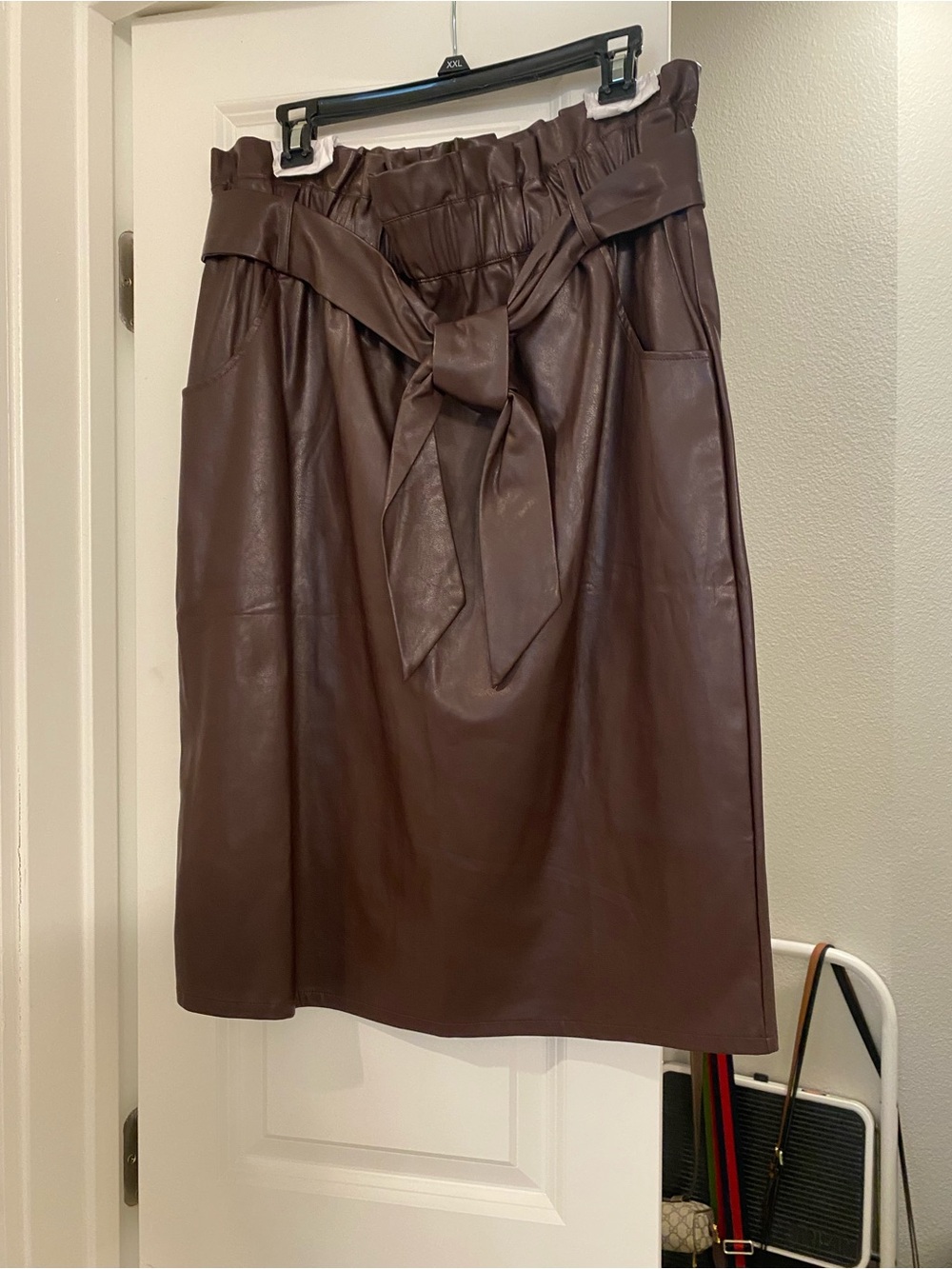 Time and Tru Brown Faux Leather Paperbag Midi Skirt with Tie